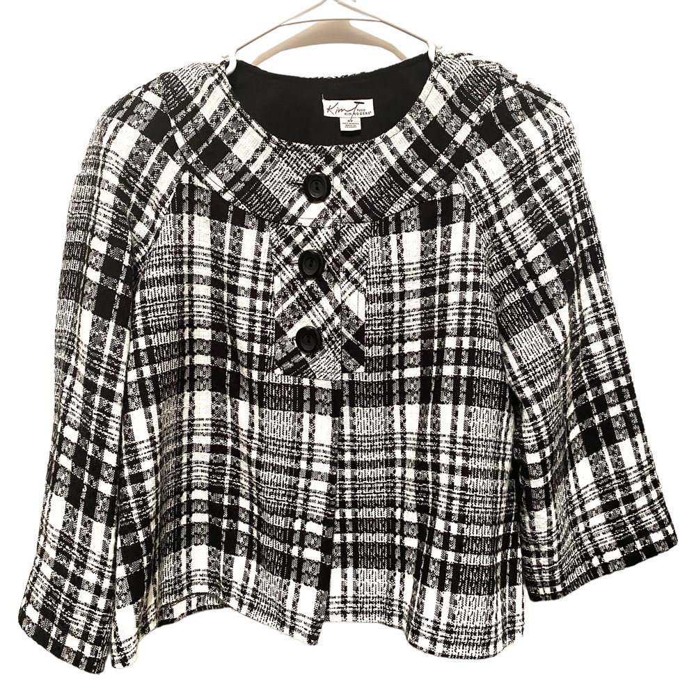 Kim Rogers Black White Button Front 3/4 Sleeve Cropped Swing Jacket 8P